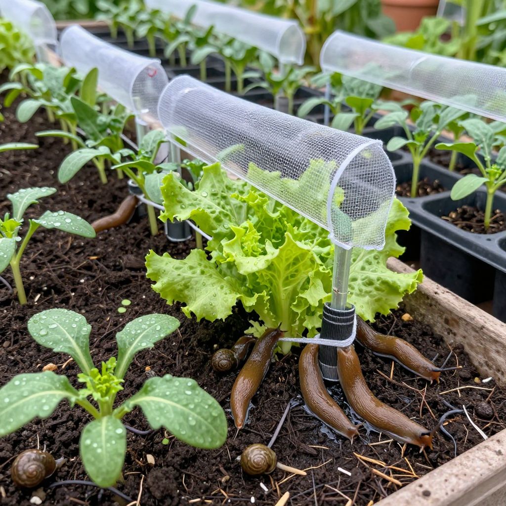 Protective collars around seedlings safeguarding against slugs.