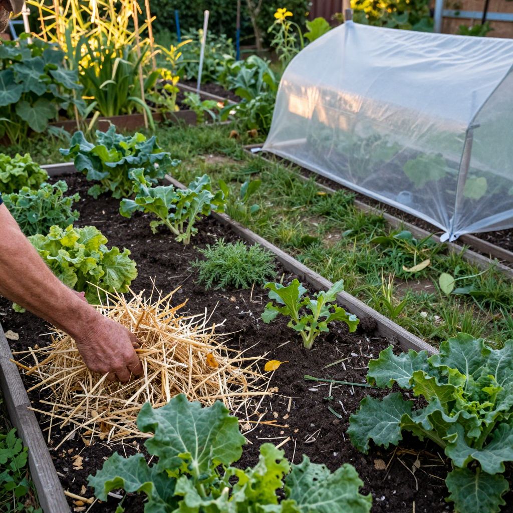 Applying mulch in a late-summer garden to stabilize soil temperature