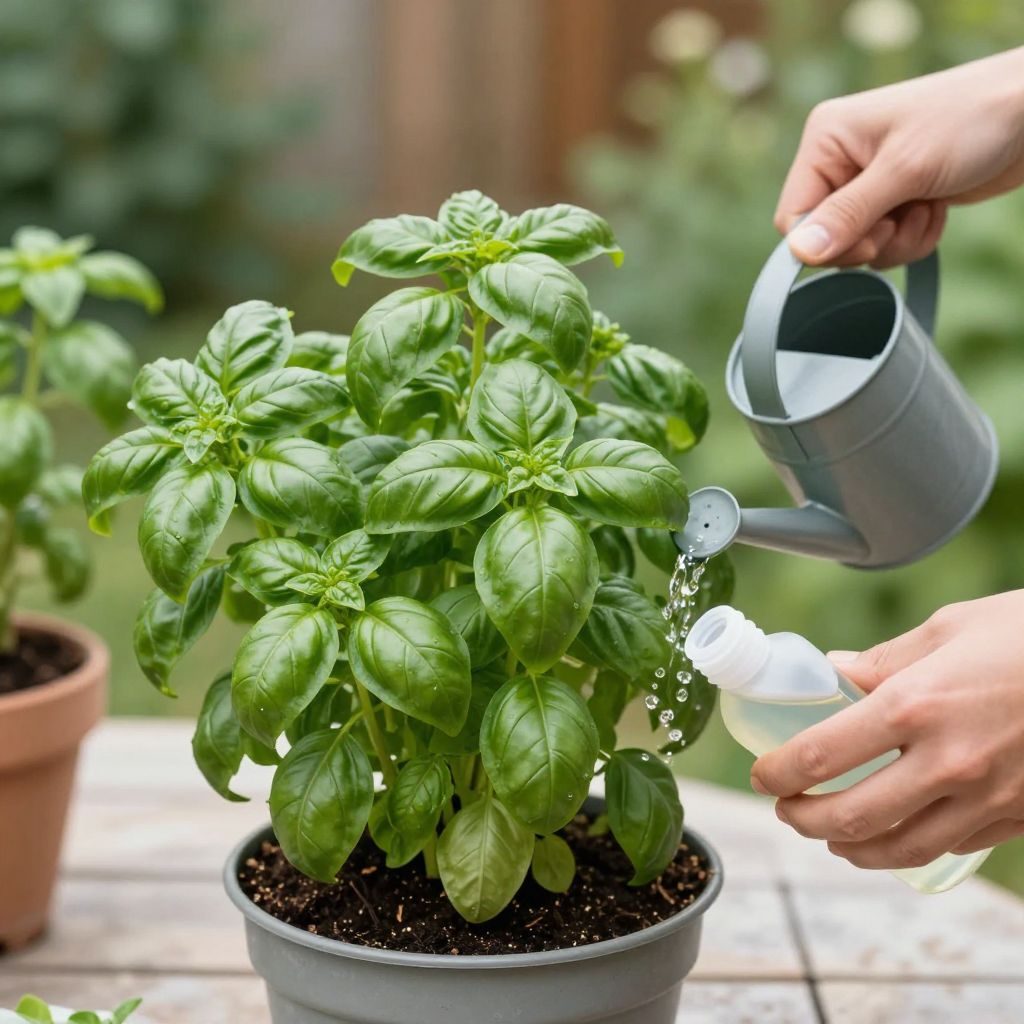 Applying gentle fertilizer to herbs in a garden bed.