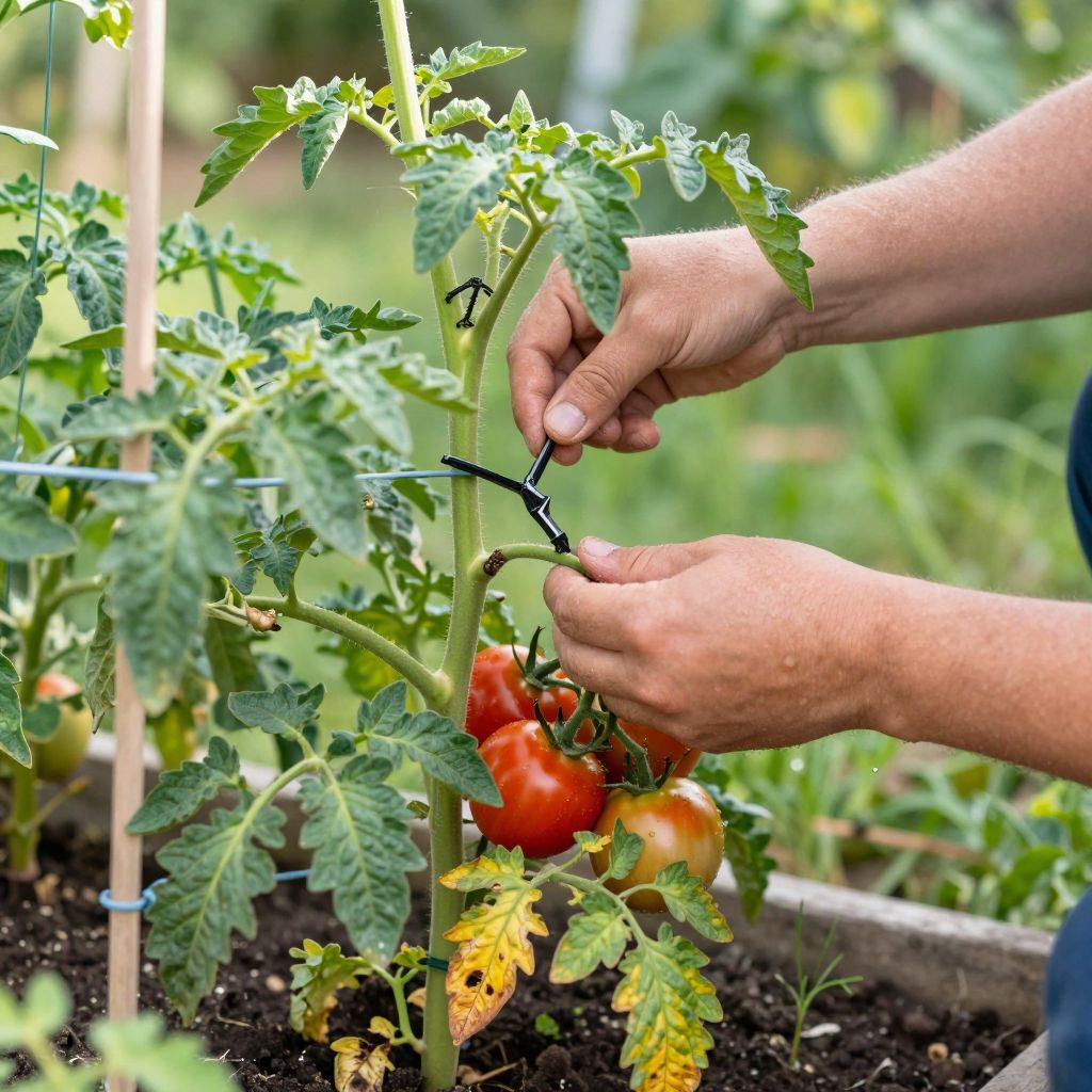 A gardener regularly checking and trimming tomato plants throughout the season.