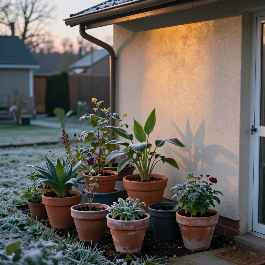 Potted plants moved to a sheltered location for frost protection.