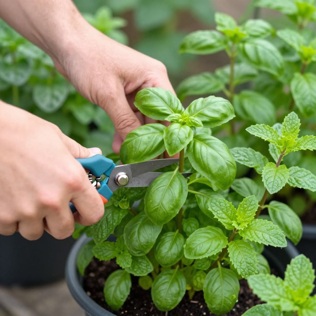 Gardener pruning herbs for better growth and shape.