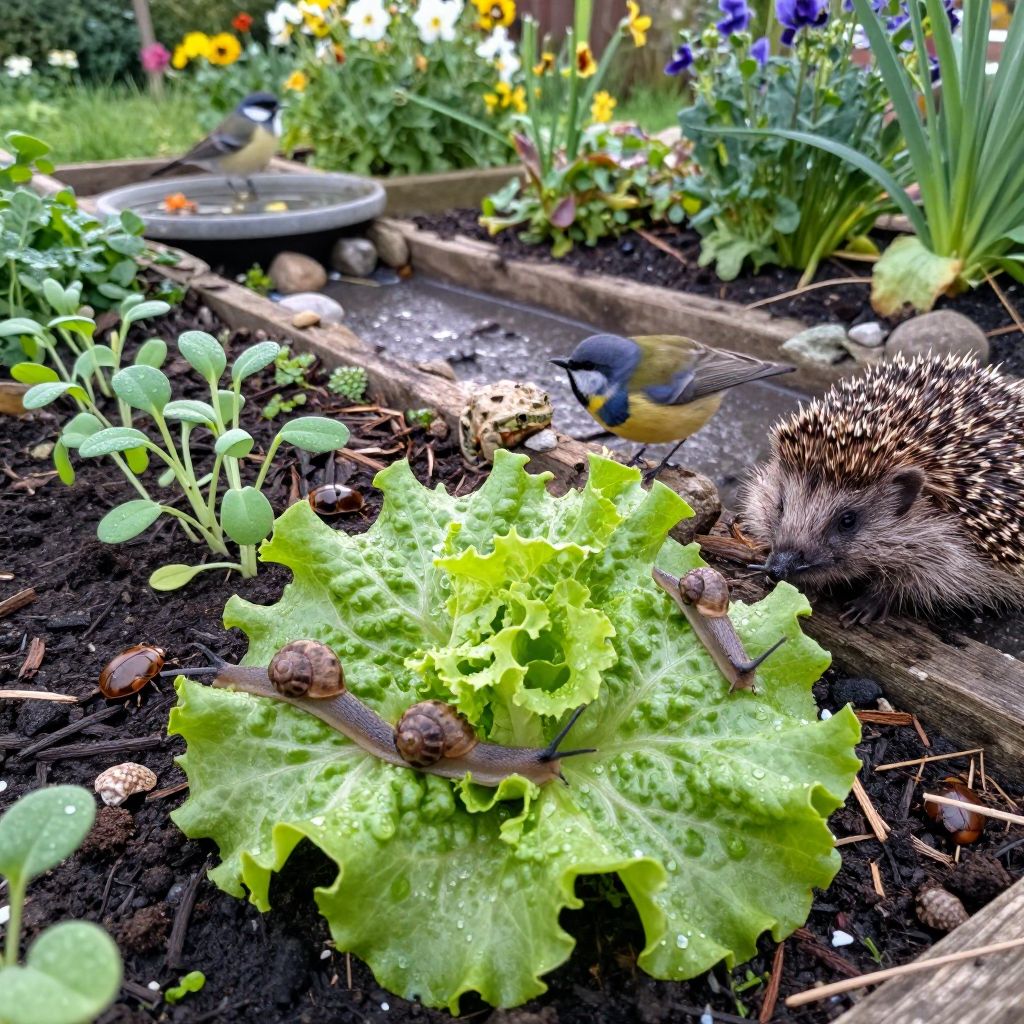 A diverse garden area inviting natural slug predators like frogs.