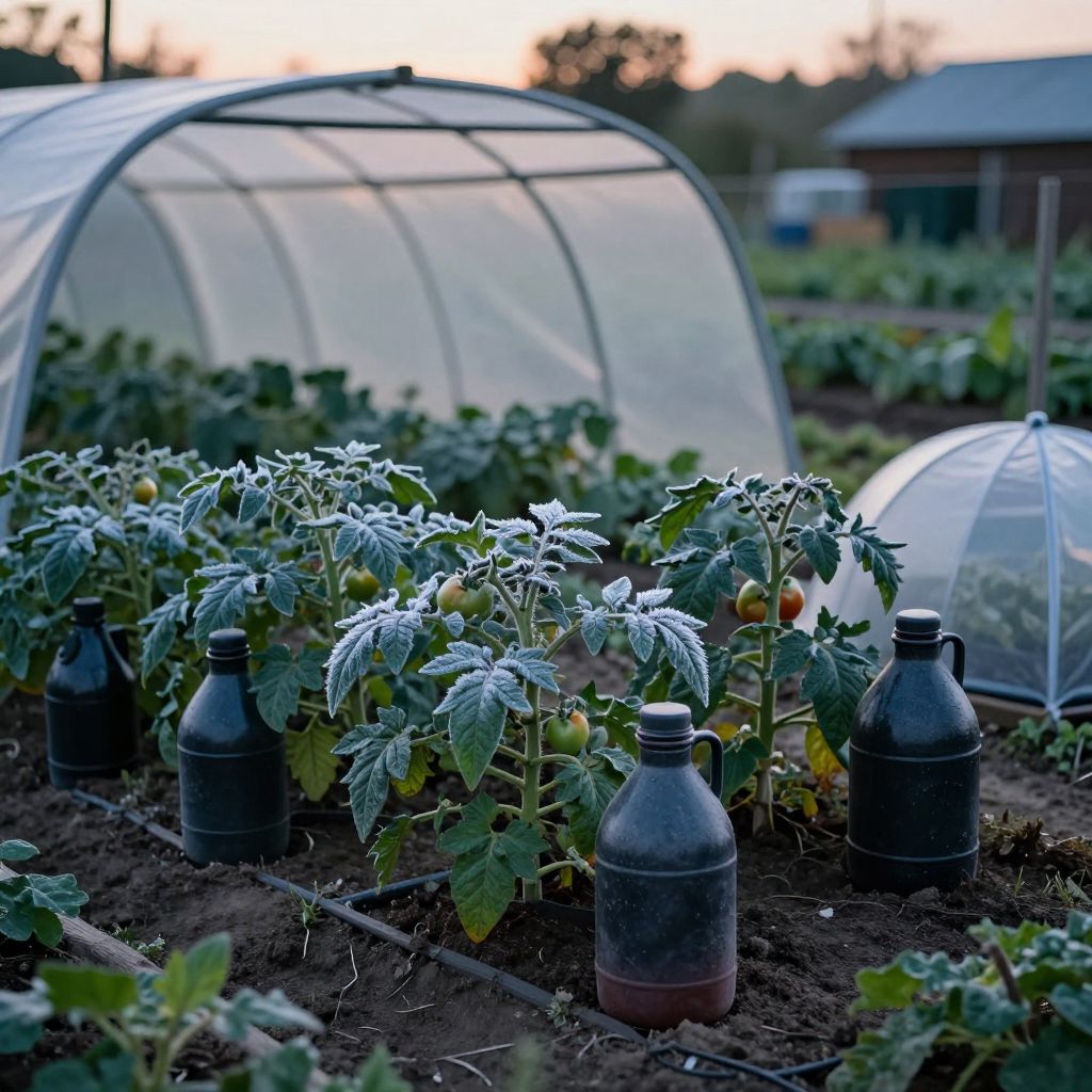 Water-filled jugs provide heat storage for frost-sensitive plants.