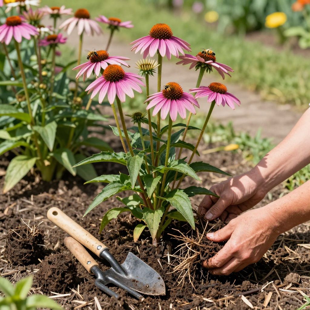Dividing coneflowers for better blooming performance.