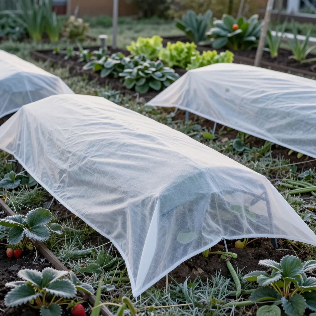 Frost cloth is laid over delicate crops for protection.