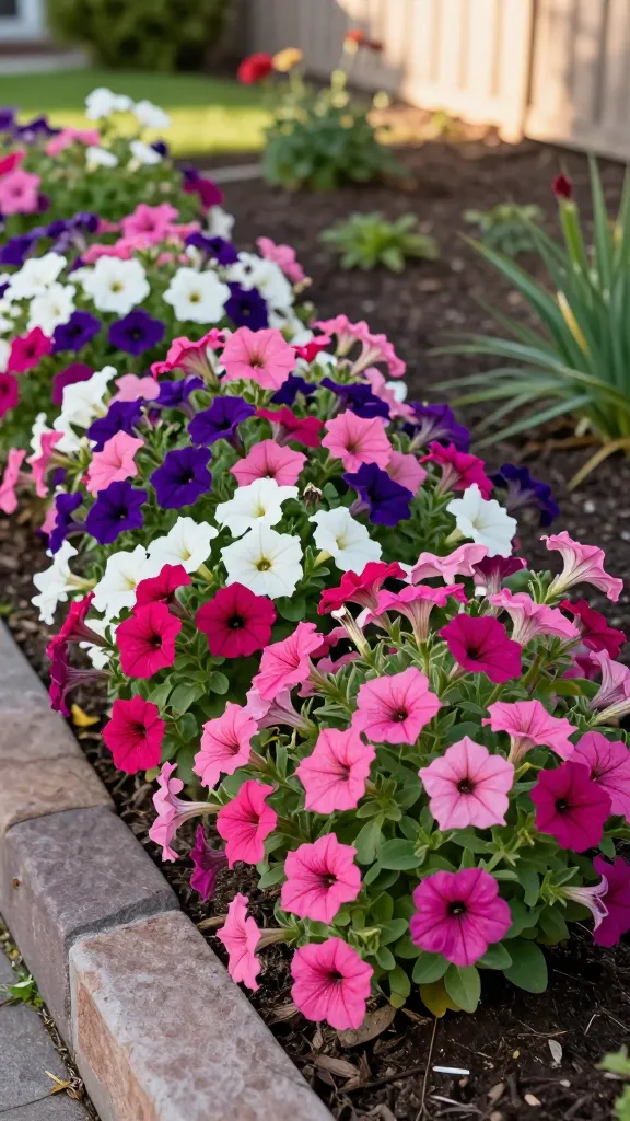 A high-resolution, realistic garden photo featuring a lush front-edge flower bed dominated by Supertunia petunias creating a dense, colorful carpet spilling over a slightly raised stone border. The petunias are in mixed punchy shades—magenta, hot pink, deep purple, and white—with healthy green foliage, cascading naturally over the edge and filling bare soil. The scene is captured in warm late-morning sunlight, with soft shadows indicating full sun. Background includes a well-kept suburban yard with mulched beds, a few out-of-focus taller perennials for context, and a light, blurred fence line. Soil appears well-drained and tidy, with a subtle drip line visible at the base to suggest easy care. Shallow depth of field keeps the Supertunia blooms crisp and detailed—velvety petals, subtle vein texture, and fresh, non-deadheaded appearance—while the background remains softly blurred. Natural color balance, no text, realistic photographic style.