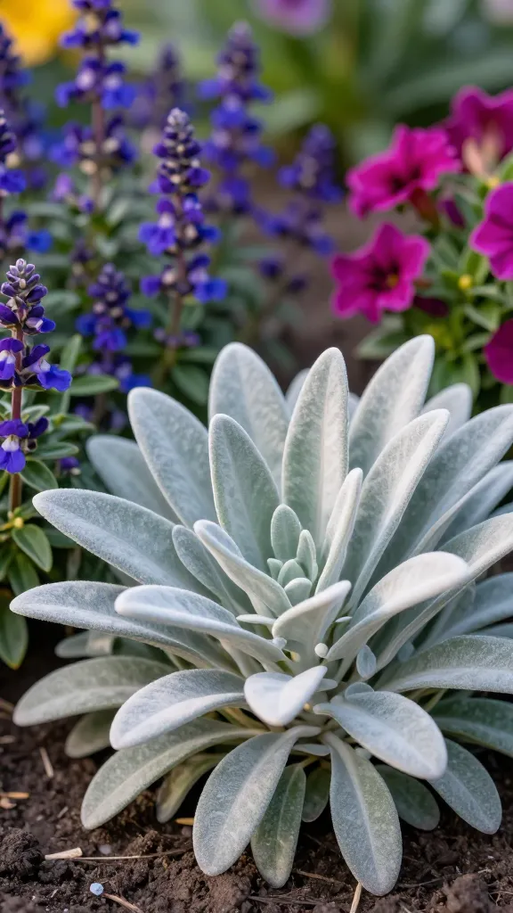 Close-up, realistic high-resolution garden scene featuring Lamb’s ear (Stachys byzantina) as the main subject: velvety, soft, silvery-gray leaves with subtle fuzz catching warm morning light, forming a dense, low mound edging a vibrant flower bed. Background shows complementary blooms in purples, blues, and magentas (salvia, catmint, and magenta coneflowers) softly out of focus for bokeh contrast. The soil is well-drained, slightly dry, with no puddles; a few trimmed flower spikes on lamb’s ear indicate a tidy, foliage-focused look. Composition emphasizes texture and contrast—silvery leaves in crisp detail at the front, color wash behind. Shot at eye-level macro-to-mid distance, shallow depth of field, natural light, ultra-realistic, true-to-life colors, no text, no people.