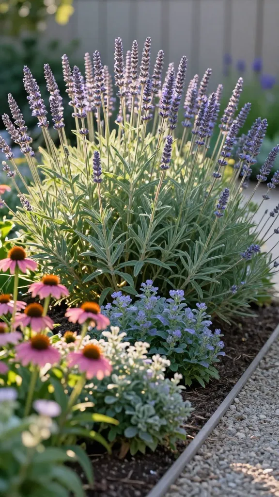 Golden-hour realistic photo of a lush beginner flower bed anchored by tall Russian sage (Perovskia atriplicifolia) creating airy, lavender-blue plumes that rise 3–4 feet behind shorter bloomers. The scene shows a layered design: Russian sage swaying in a light breeze at the back, with compact, colorful front plants like pink coneflowers and low catmint forming a soft edge. Full sun, warm light, and crisp shadows emphasize the silvery-green, finely cut foliage and wispy, upright stems of the sage. Planting bed is in well-drained, lightly mulched soil beside a simple gravel path and a neutral fence backdrop for contrast. Depth of field highlights the Russian sage as the tall, ethereal star while keeping foreground flowers gently blurred. Hyper-realistic details, natural colors, no text, outdoor garden photography, 50mm lens, f/2.8, high resolution.