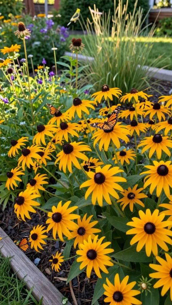Realistic close-up garden photograph of a vibrant mid-summer flower bed anchored by masses of Black-Eyed Susans (Rudbeckia hirta) with golden-yellow daisy-like petals and dark chocolate cone centers, bathed in warm late-afternoon sunlight. Butterflies (monarchs and painted ladies) and a few native bees actively visit the blooms; a small goldfinch perches on a spent seed head in the background. Composition shows a naturalistic, slightly drifts-style planting in full sun with rich green foliage, a soft-focus mix of complementary perennials behind (subtle purples and soft grasses) to unify the palette. Include a few mature seed heads left standing for birds, and healthy clumps that subtly spread without overtaking the bed. Shallow depth of field, crisp detail on petal texture and pollen, realistic color grading, gentle breeze motion suggested by slight leaf blur. Shot at eye level in a suburban backyard border with wood mulch and clean edging, ultra-high resolution, natural light, no text.