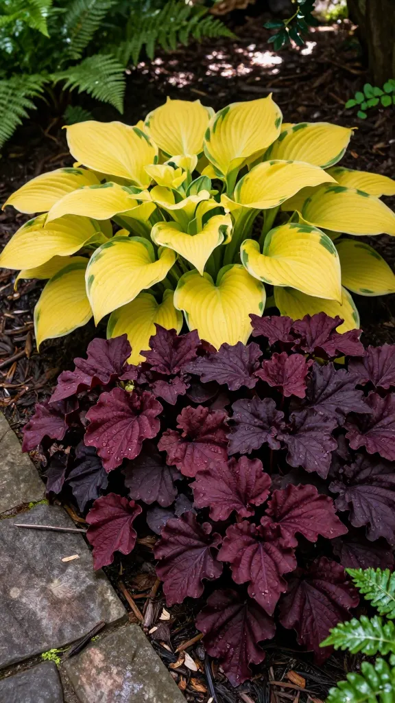 Realistic, high-resolution photo of a small part-shade garden bed styled like a lush woodland vignette featuring a bold Hosta and Heuchera combo as the main subject: large, layered chartreuse hosta leaves (variety resembling ‘Sunshine’ or ‘Sum and Substance’) placed at the back, with a dense front border of heuchera in deep burgundy to near-black tones (like ‘Obsidian’ and ‘Caramel’ accents) creating rich, ruffled, glossy foliage contrast. The composition shows clear layering for quick volume, with dappled light filtering through overhead trees, soft morning shade, and a moist but well-drained mulched soil surface (fine dark bark mulch). Include subtle details: raindrop sheen on leaves, slight curl on heuchera edges, variegation hints on some hosta leaves, and a naturalistic edge of flagstone path on one side. Background softly blurred with ferns and woodland shrubs to suggest depth. Color palette emphasizes chartreuse and deep burgundy, balanced, with realistic textures and crisp focus on the foliage. Shot at eye level, 50mm lens look, natural light, no flowers, no labels, hyper-real photo quality.
