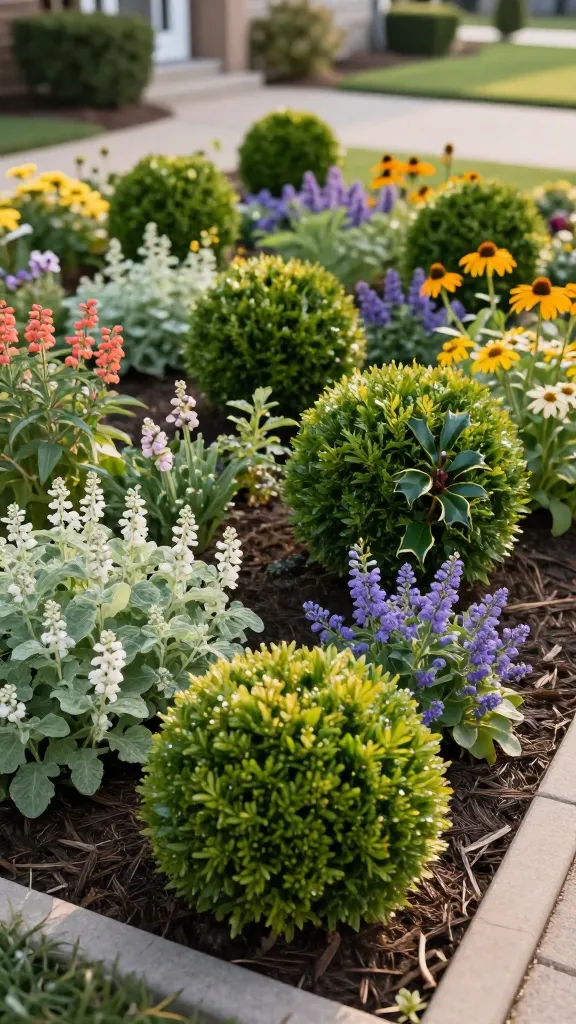 Realistic high-resolution photo of a beginner-friendly flower bed anchored by small evergreen boxwood balls (and a few compact inkberry hollies) used as the structural backbone: odd-number groupings of neatly clipped 12–18 inch boxwood spheres repeat through the bed, with one at each front corner and a triangle of three mid-bed to avoid a “marching soldiers” line. Perennials in soft, mixed colors—salvia, nepeta, and coneflower—flow around the evergreens, creating gentle chaos that the boxwoods visually anchor. Early morning golden light, slight dew on leaves, natural mulch, and clean edging. Suburban front yard setting with a blurred walkway and porch in the background. Shallow depth of field emphasizes the rounded evergreen forms amid the looser perennials, true-to-life colors, no text, ultra-detailed, 50mm lens look.
