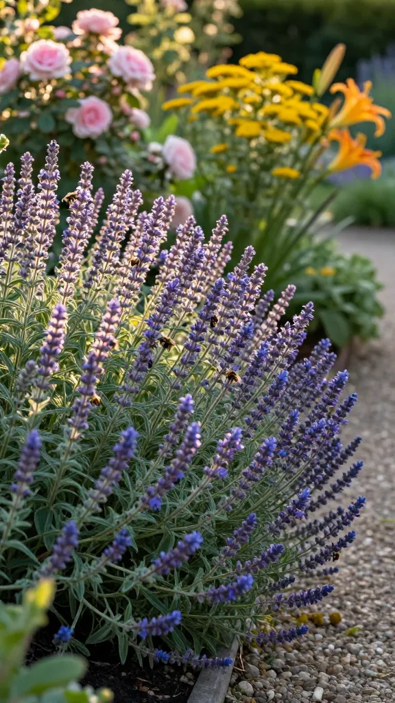 Golden-hour close-up of a lush catmint (Nepeta) drift in full bloom, forming soft, billowing mounds of purple-blue flower spikes along a garden path edge; bees actively foraging among the blossoms; foliage is gray-green and slightly fuzzy; background includes softly blurred companions like pale pink shrub roses, sunny yellow yarrow, and a few daylily buds to suggest harmonious pairing; composition shows a naturalistic cottage-garden feel with a gravel path curving beside the catmint; warm, directional sunlight highlights the texture and color, with gentle shadows for depth; shallow depth of field, high-resolution, realistic botanical detail, no text.