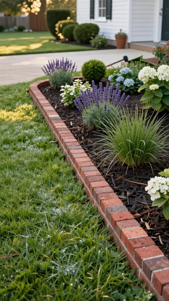 A realistic, high-resolution photo of a garden showcasing “brick-on-edge” borders as the main subject: a lush suburban front yard with a mulched flower bed edged by bricks set vertically on their narrow edge, forming a crisp, slightly raised line that cleanly separates deep green lawn from rich, dark mulch. The border runs in a gentle curve around a cottage-style planting of lavender, boxwood balls, white hydrangeas, and salvia, with a few ornamental grasses for texture. Use classic red clay bricks with slight patina; ensure tight, even spacing and level tops for a polished, intentional look. Morning golden-hour light with soft shadows, dewy grass, and subtle bokeh in the background. A tidy concrete driveway and a traditional white house facade with black shutters sit in the midground, hinting at curb appeal. Include a visible metal lawn edger and a small rubber mallet resting nearby to imply recent installation. Ultra-detailed textures: crisp brick edges, fine mulch, trimmed grass blades. Shot at low angle, 35mm lens, shallow depth of field, natural colors, no people, no text.