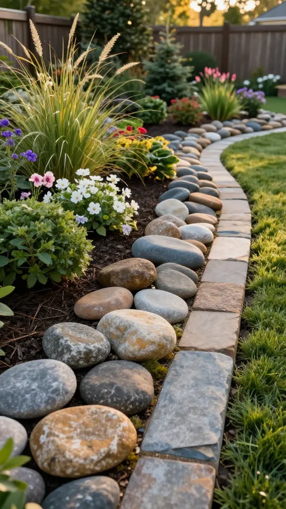 A realistic, high-resolution photo of a backyard garden with a professionally designed natural stone border framing a lush planting bed. The border features a thoughtfully mixed band of river rock, fieldstone, and flagstone: rounded river rocks in medium grays and soft tans for a coastal feel, irregular fieldstones in earthy browns and mossy grays for rustic texture, and a few long, flat flagstone strips creating sleek, linear accents along the edge. Stones vary slightly in size and shape for a natural, collected look, with subtle gaps and a light dusting of soil and moss between pieces. Inside the border, layered plantings include ornamental grasses, flowering perennials in soft whites, purples, and pinks, and low evergreen shrubs, creating depth and seasonal interest. The scene is captured in warm, late-afternoon golden light, with gentle shadows, a mulched bed interior, and a neatly mown green lawn outside the border. The background shows a blurred hint of a cedar fence and mature trees, emphasizing a serene, designer-finished garden. No text, ultra-detailed, photorealistic, 50mm lens, shallow depth of field.