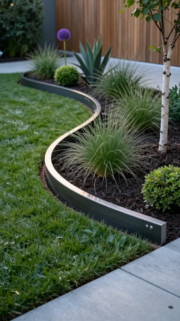 Ultra-realistic photo of a contemporary backyard garden showcasing steel or aluminum edging as the main subject: a crisp, low-profile metal edge cleanly separating a lush, mulched planting bed from a neatly mown lawn. The edging forms smooth, flexible curves—an S-curve transitioning into a tight circle around a small multi-stem birch—demonstrating precise control. Planting bed features layered, modern plant palette: low boxwood mounds, feathery Japanese forest grass, purple alliums, and architectural agaves, with dark bark mulch. The metal edging is powder-coated charcoal, subtly reflective, razor-straight top line, staked securely with hidden anchors. Background includes a minimalist cedar slat fence and a poured concrete path for a gallery-clean aesthetic. Soft early evening light, shallow depth of field highlighting the sharp edge and grass blades, with realistic textures: dewy lawn, fine mulch, satin-sheen metal, and smooth concrete. No people, no text, ultra-high detail, 50mm lens look.