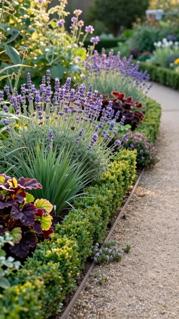 A realistic, high-resolution photo of a garden path lined with layered plant borders that serve as the edging: a narrow gravel walkway curves gently through a tidy suburban garden, framed on both sides by a low, dense living border. Closest to the path is a neat ribbon of dwarf boxwood clipped to 8–10 inches tall, creating a smooth, continuous green line. Just behind it, a soft, billowy drift of lavender and catmint blooms in purples and pale blues, alive with bees and a few butterflies. Interspersed clumps of liriope and mondo grass add fine, grassy texture and dark green contrast. Pockets of heuchera (coral bells) provide foliage drama with deep burgundy and chartreuse leaves. Low mats of creeping thyme spill slightly onto the path edges, softening the gravel. The overall effect is a lush, forgiving, layered living frame that hides bare soil and finishes the path. Shot at golden hour with soft, warm sunlight, shallow depth of field emphasizing the layered edging, natural colors, slight breeze movement, ultra-detailed textures of leaves and blooms, no visible labels or text, 35mm lens look, photorealistic.