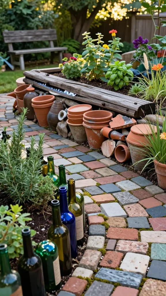 Realistic high-resolution photo of a quirky, eclectic garden border showcasing recycled and rustic materials in a lush backyard. Foreground features a sinuous herb bed edged with upside-down green and blue wine bottles catching afternoon sunlight, creating jewel-like highlights. Adjacent section uses mixed reclaimed pavers in varied colors and sizes arranged in a mosaic pattern, with soft moss growing in the joints. Another segment shows stacked, weathered terracotta pots and broken terracotta shards forming a warm, earthy low wall, while a raised bed behind uses old railroad sleepers (rot-resistant substitutes) lined neatly, with a hint of barrier fabric tucked inside the edge. Plantings include aromatic herbs (rosemary, thyme, basil), flowering perennials, and ornamental grasses spilling slightly over the borders. Background includes a rustic potting bench, scattered garden tools, and dappled light through mature trees. Shallow depth of field, natural color grading, soft golden-hour lighting, ultra-detailed textures of wood grain, patina, glass reflections, and terracotta weathering. No text.