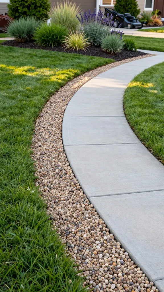 Realistic high-quality landscape photo of a suburban front yard showcasing “gravel bands and mow strips” as low-maintenance garden borders: a lush green lawn meets a perennial planting bed edged two ways along a gentle curve—closest to the viewer, a 10-inch-wide compacted pea gravel band set slightly recessed and crisply defined, preventing mulch from spilling and providing visible drainage; further along the curve, the border transitions into a single row of large, smooth concrete pavers set perfectly flush with the turf as a mow strip, allowing a lawn mower wheel to ride the edge. The planting bed includes layered, drought-tolerant plants—boxwood or dwarf holly, lavender, salvia, and ornamental grasses—mulched with dark shredded bark held neatly in place by the gravel band. The grass blades are neatly trimmed and even, with the mower lines subtly visible. Soft golden-hour light with gentle shadows, realistic textures of gravel, pavers, turf, mulch, and foliage, slight depth of field emphasizing the border details. No people, no text, natural colors, clean and tidy, professional landscaping style.
