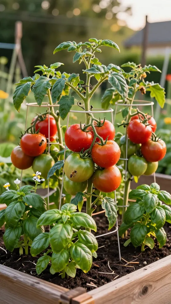 A realistic, high-resolution photo taken at golden hour of a thriving raised garden bed with tomato plants as the clear main subject, heavy with ripening red and green tomatoes on sturdy cages. Around each tomato plant, clusters of lush green basil are interplanted 8–12 inches from the tomato stems, their glossy leaves vibrant and slightly ruffled. The scene shows a few honeybees and small native pollinators visiting tiny basil flowers, while the tomato foliage looks healthy and pest-free. The raised bed is made of weathered wood, filled with rich, dark soil and organic mulch, set in a sunny backyard with soft bokeh trees in the background. Include subtle morning dew on leaves, warm natural lighting, and realistic textures of stems, leaves, and soil. Photorealistic, shallow depth of field, 50mm lens look. No text.