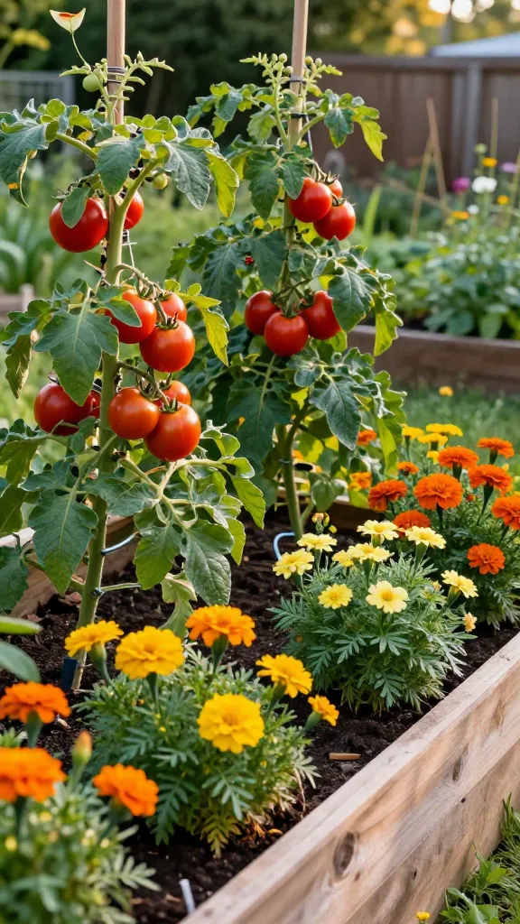 A realistic, high-resolution photo of a thriving raised garden bed of tomato plants with visible clusters of ripening red tomatoes on healthy green vines supported by trellises, interplanted densely with vibrant marigolds as companions. In the foreground and along the bed edges, include compact French marigolds (Tagetes patula) with bold orange and yellow blooms and bushy green foliage; intermix smaller, airy signet marigolds (Tagetes tenuifolia) bearing masses of delicate single flowers and fine, lacy leaves. Capture morning golden light with soft shadows, a few beneficial insects like ladybugs on tomato leaves, and subtle evidence of organic gardening (mulch, drip irrigation line). Background: a tidy backyard setting with a wooden raised bed, rich dark soil, and a softly blurred fence and greenery. Color palette rich and natural, shallow depth of field, ultra-realistic detail, 50mm lens look. No text.