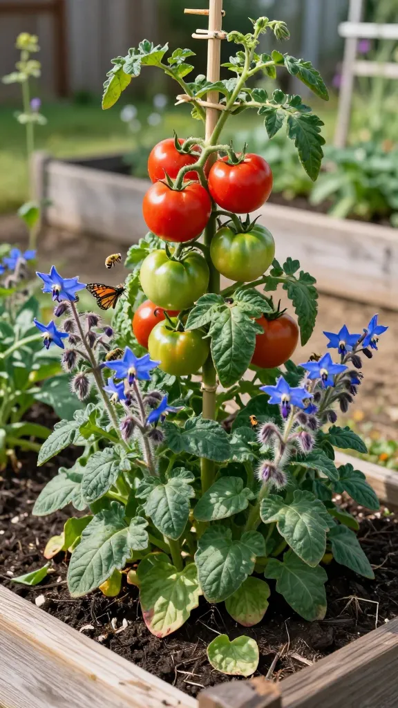 Realistic, high-resolution photo of a thriving raised bed garden in soft morning light, featuring a central heirloom tomato plant laden with clusters of ripening red and green tomatoes, staked and trellised. Interplanted prominently around the tomato is lush borage with fuzzy stems, large crinkled leaves, and abundant star-shaped sky-blue flowers attracting active honeybees and a monarch butterfly mid-visit. The borage’s airy, open growth casts dappled shade on dark, moist mulch, with a few chopped borage leaves on the soil surface to suggest chop-and-drop mulching. Subtle detail of borage’s deep taproot area hinted at by slightly cracked, rich loam along the bed edge. Background shows additional raised beds out of focus, a simple wooden fence, and warm natural sunlight creating gentle highlights on the tomato foliage and the blue borage blooms. Natural color palette, ultra-realistic depth of field, 50mm lens look, no text.