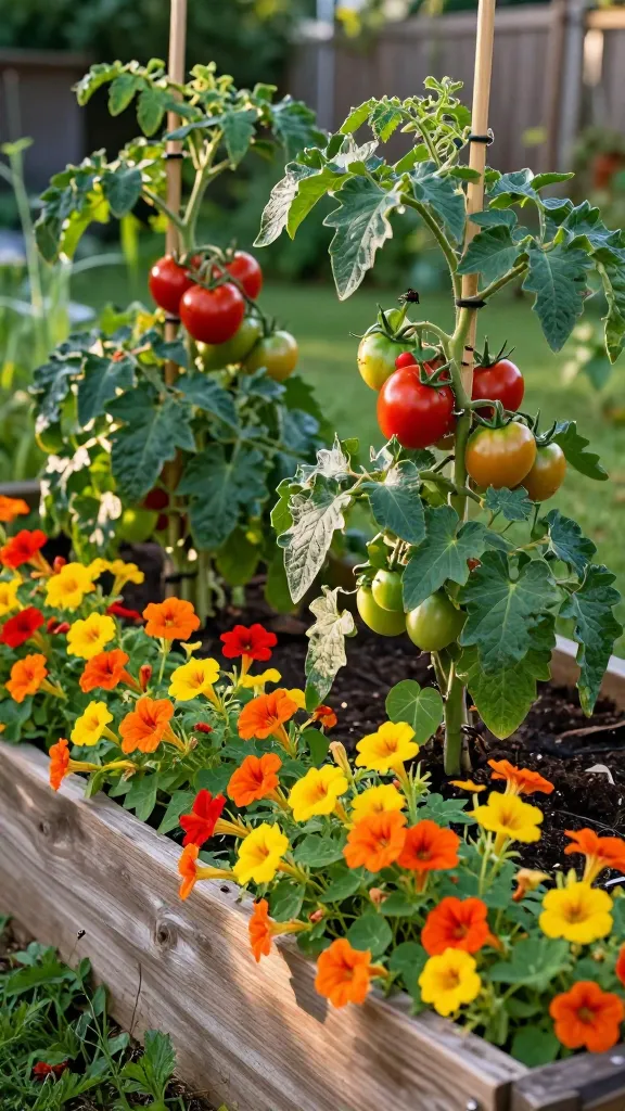 Golden afternoon light over a lush backyard raised bed garden with thriving tomato plants as the main focus: sturdy indeterminate tomato vines staked on bamboo supports, clusters of ripening red and green tomatoes, and healthy dark green foliage. At the bed’s front edge, trailing nasturtiums spill elegantly over the wooden border, their round shield-like leaves and vivid orange, yellow, and red blossoms forming a living mulch. A few visible aphids cluster on nasturtium stems and leaves while tomato foliage remains clean, illustrating the decoy effect. Soil surface is shaded by nasturtium leaves, with moist, dark compost visible in gaps; minimal splash-back on the lower tomato leaves. Composition shows a clear “buffer zone” of nasturtiums along the bed edge with 10–12 inches of spacing, vines draping but not smothering young tomato stems; subtle bokeh background of a home garden fence and herbs. Hyper-realistic, high-resolution macro details of leaves, blossoms, and tomato trusses; natural color palette, soft shadows, no text.