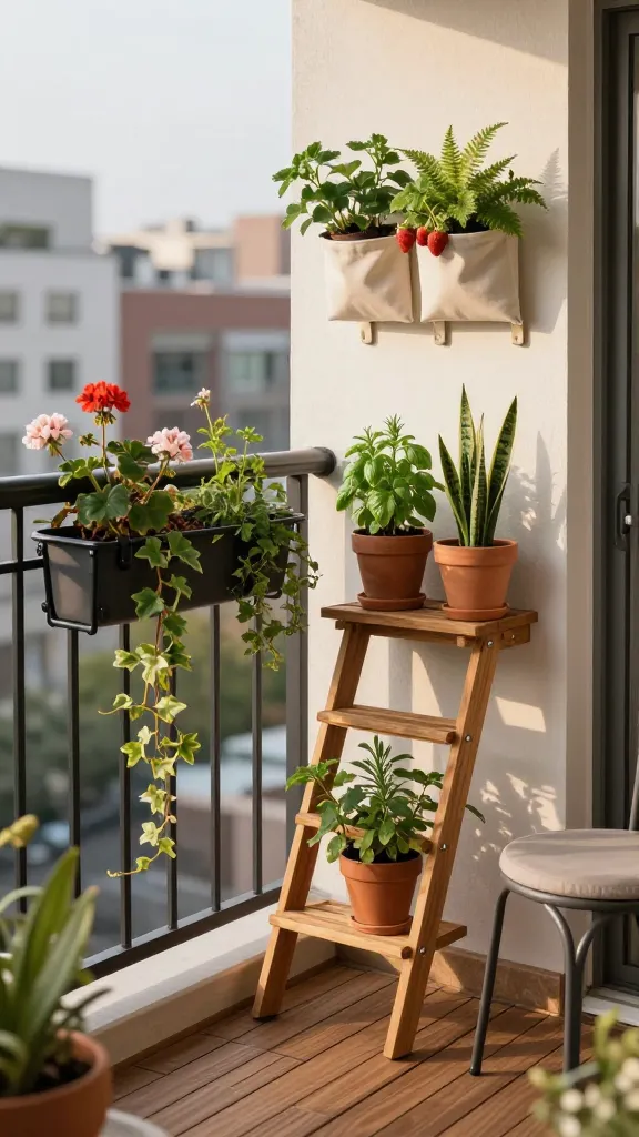 Golden-hour realistic photo of a small urban apartment balcony transformed into a lush vertical garden for renters: compact space with a black metal railing featuring over-the-railing planters secured by adjustable brackets with rubber padding, filled with trailing ivy and blooming geraniums; a lean-to wooden ladder shelf (no drilling) resting gently against a white stucco wall, holding terracotta pots of herbs (basil, rosemary, mint) and small snake plants; modular fabric pocket planters on removable adhesive hooks lined up on the wall, planted with strawberries and ferns; teak slatted floor tiles keep walking path clear; a simple metal bistro chair with a neutral cushion tucked to the side; soft, warm natural light, shallow depth of field, realistic textures on wood, fabric, and foliage, cityscape blur in background, no visible text or branding, photo-real 50mm perspective, high resolution.
