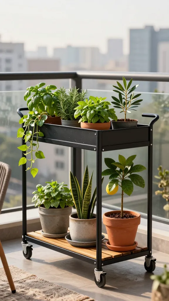 Golden-hour balcony scene featuring a realistic, high-quality photo of a mobile container garden “rolling green bar”: a sleek matte-black metal bar cart with two shelves and locking caster wheels, styled with an assortment of potted herbs (basil, rosemary, mint), trailing pothos, and a compact lemon tree in a terracotta pot on a separate low rolling plant caddy. Include a warm-toned wooden rolling bench on casters holding two larger ceramic planters with snake plant and dwarf olive, with shallow galvanized drip trays beneath to catch water. The balcony has modern glass-and-metal railings, mid-century outdoor chair, and soft neutral outdoor rug; soft sunlight rakes across the scene, highlighting leaves and subtle water droplets. Background shows an urban skyline bokeh. Surfaces show light wear from weather, subtle condensation on pots, and natural shadows. Shot at eye level, crisp detail, natural colors, realistic textures, no text.