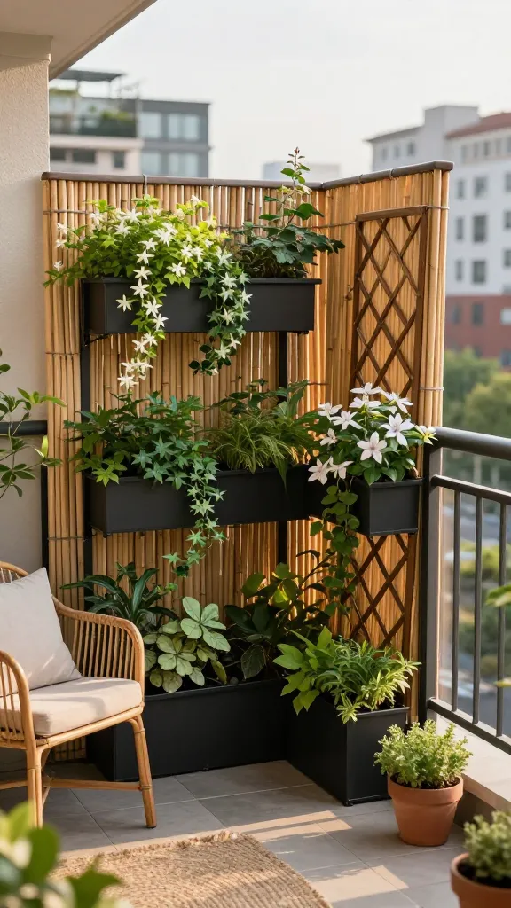 Realistic, high-resolution photo of a small urban apartment balcony transformed into a lush, renter-friendly “green screen” privacy setup. The main subject is a compact balcony garden featuring three freestanding trellis planters in matte black metal planter boxes, each supporting dense climbing plants (star jasmine and ivy) that form a soft, layered green wall. Along the railing, natural bamboo reed panels are gently secured with soft, neutral zip ties, clearly not drilled, and leaving the top rail accessible. An expandable willow lattice leans lightly against one side, partially covered with potted clematis vines, emphasizing temporary, non-permanent coverage. The setting is late afternoon golden light, with a cityscape and neighboring buildings softly blurred in the background for context. On the balcony floor, there are neutral outdoor tiles with a small jute rug, a simple teak chair with a linen cushion, and a low ceramic pot with herbs. Subtle details: terracotta and black planters, trailing greenery, and soft shadows that create a calm, private atmosphere. No visible screws or wall attachments, clean and modern aesthetic, natural color palette, photo-realistic, shallow depth of field.