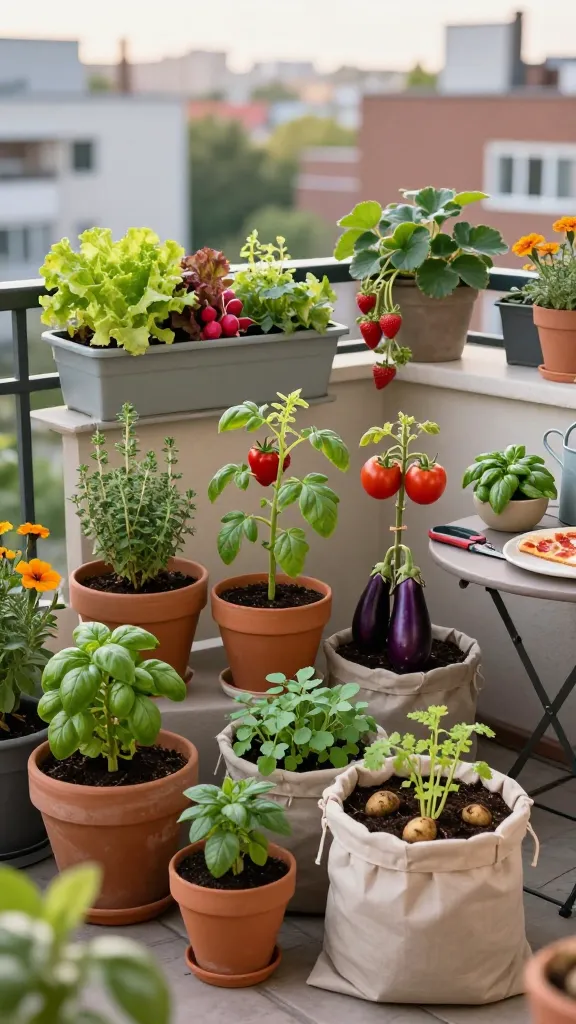 Realistic high-resolution photo of a renter’s small urban balcony transformed into a micro edible garden at golden hour. Main subject: a cozy balcony garden setup bursting with compact edible plants in varied small containers. Foreground shows 6–8 inch terracotta pots with lush basil, thyme, chives, and cilantro; midground features 10–12 inch ceramic pots with dwarf tomato plants setting fruit, a compact pepper plant with ripening red peppers, and a baby eggplant with glossy purple fruit. A long window box on the railing holds mixed lettuces, radishes with red shoulders peeking through, and trailing strawberry plants with a few ripe berries. A couple of sturdy fabric grow bags on the floor host a larger tomato staked with twine and a bush bean plant with pods forming; another grow bag is mounded for potatoes with visible healthy foliage. Subtle companion ornamentals like marigolds and nasturtiums are interplanted for color. Include a small bistro chair and table with pruning shears, a watering can, and a bowl of freshly snipped basil beside a slice of pizza to imply use. Surrounding cityscape and neighboring buildings are softly blurred in the background to emphasize the balcony oasis. Natural, soft directional sunlight, realistic textures, shallow depth of field, crisp color, lifelike detail. No text.