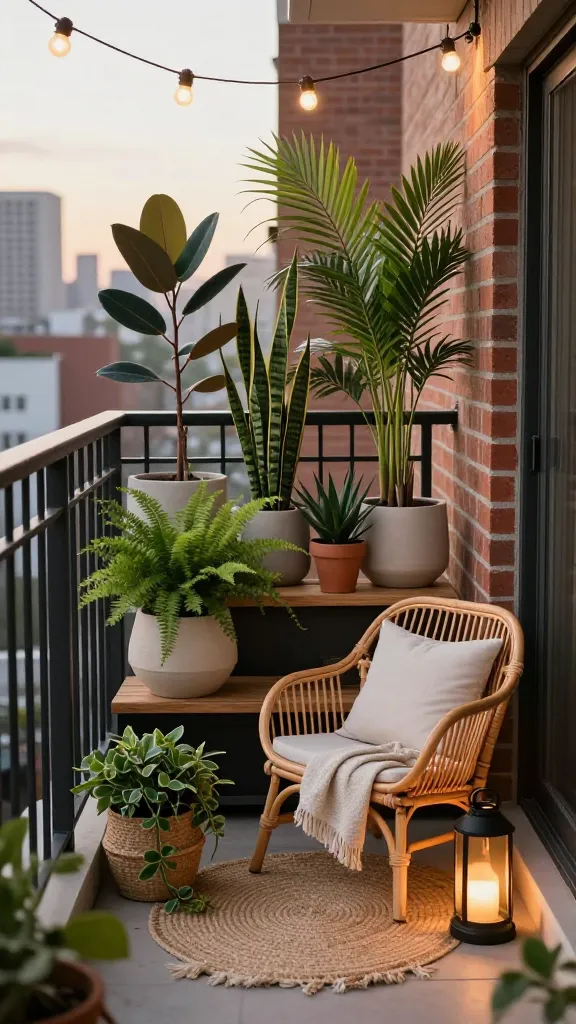 Golden-hour photo of a renter’s small urban balcony transformed into a cozy plant lounge: a narrow space with matte black metal railing, warm string café lights overhead, and layered plants creating depth. In the back row against a brick wall, place taller statement plants in neutral ceramic pots—rubber plant with glossy leaves, a snake plant for vertical structure, and a bamboo palm for airy height. In front, tuck smaller, varied textures: asparagus fern spilling over the edge, trailing pothos on a low shelf, and a compact peperomia. Use natural wood risers and overturned woven baskets to stagger heights. Include a low rattan lounge chair with a linen cushion and throw, a small round wood side table with a candle lantern, and a jute rug. Add a slim black shelf along the wall, a few terracotta pots, and subtle warm lighting from a floor lantern for layers and glow. City skyline softly blurred in the background, realistic colors, high-resolution, shallow depth of field, no text.