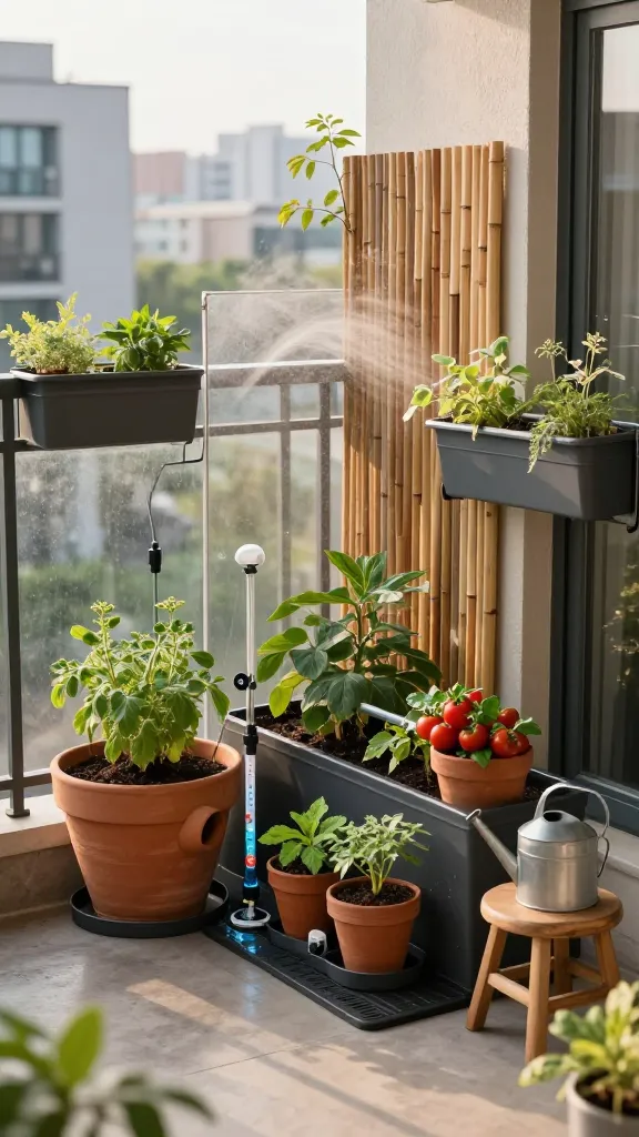 Realistic high-quality photo of a small urban apartment balcony transformed into a renter-friendly garden focused on smart watering and wind protection. Main subject: a compact balcony garden for renters. Scene at early morning golden light. Include: sleek self-watering planters with visible water level indicators holding herbs and compact tomatoes; terracotta clay ollas partially buried in a large container; a couple of discreet bottle watering spikes in smaller pots; shallow catch trays under every pot and a black rubber boot mat liner protecting the balcony floor; a slim drip line with a timer attached to a faucet; plants grouped low against the wall with a clear glass wind screen panel and a bamboo privacy screen to reduce drafts; soft breeze moving lightweight leaves; a small watering can on a stool; moisture on soil, leaves drying in morning sun; railing planters secured with sturdy brackets; textures of concrete floor, matte black metal railing, and natural wood accents. Overhead urban skyline and neighboring balconies softly blurred in the background. Natural colors, sharp detail, realistic lighting, no people, no text.