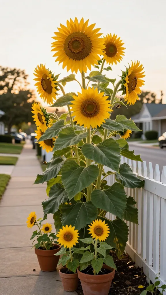 Golden-hour sidewalk scene with towering, mature sunflowers stealing the show along a suburban front yard fence, captured in a high-resolution, realistic photo. The sunflowers vary in height: giant varieties (8–10 ft) with massive, dark-centered golden heads towering above, and a few dwarf sunflowers blooming in clay pots near the walkway for contrast. Sturdy green stalks and broad, textured leaves catch warm side light; some flowers face the sun, others nod slightly with heavy seed heads forming. Bees and a monarch butterfly actively visit the blooms; a couple of finches perch on a seed-heavy disc, subtly indicating wildlife appeal. Background shows a tidy sidewalk, a low white picket fence, and a soft-focus neighborhood street with late-afternoon sun flares. Soil appears well-watered but not muddy; spacing between tall plants is realistic (about 18–24 inches). Colors are vibrant yet natural, with crisp detail on petals, pollen, and leaf veins. Shot on a full-frame camera with a 50mm lens at f/2.8 for shallow depth of field, cinematic composition, ultra-realistic lighting, no text.