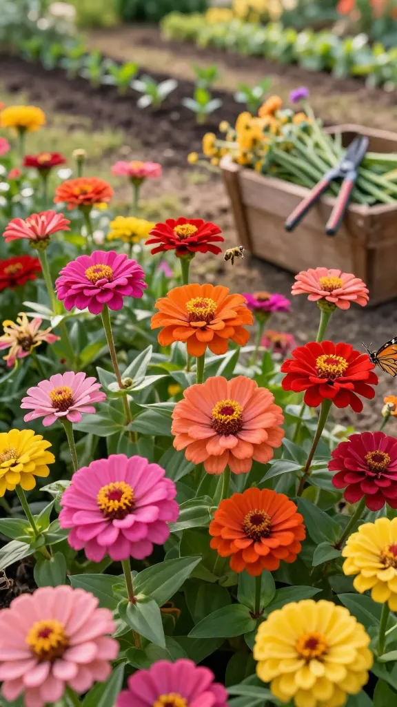 Ultra-realistic close-up photo of vibrant zinnias in peak summer bloom, showcasing a mix of Benary’s Giant with large, dahlia-like heads and Profusion series forming low, tidy mounds; saturated colors in hot pink, tangerine, scarlet, lemon, and coral fill a sunny garden border. Warm golden-hour light, shallow depth of field with creamy bokeh, visible pollen-dusted centers and crisp, velvety petals, a few spent blooms hinting at deadheading. Include a soft-focus background of a well-tended cut-flower patch with neatly mulched rows, young seedlings in the distance, and a pair of pruning snips resting on a rustic wooden trug overflowing with freshly cut stems. Subtle pollinator action: a honeybee and a monarch butterfly visiting blooms. Natural outdoor setting, no text, hyper-detailed textures, high-resolution, photorealistic, 85mm lens look.