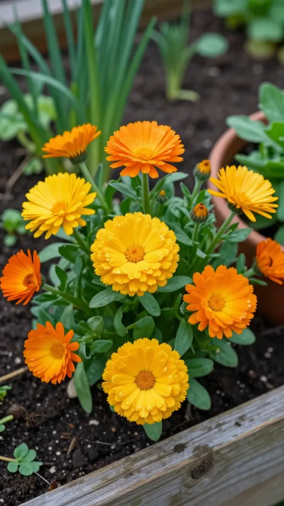 Close-up, realistic high-resolution photo of vibrant calendula flowers in peak bloom in a spring garden bed: clusters of orange and golden-yellow, daisy-like blossoms with layered petals and soft, velvety texture, surrounded by fresh, cool-season green foliage. Setting shows a vegetable bed edge with dark, rich soil and a rustic wooden raised bed, with a few calendula plants spilling into a nearby clay pot for container color. Early morning soft, diffused light with gentle dew on petals and leaves; shallow depth of field that keeps several blooms crisp while softly blurring the background of young spring greens and partial dappled shade, conveying a cool-weather vibe. Natural color palette, true-to-life details, no text, ultra-realistic macro textures, 50mm lens look.