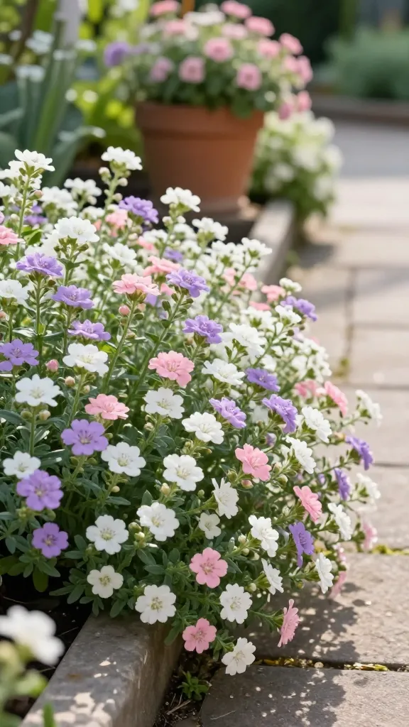 Close-up, realistic high-resolution photo of a lush drift of sweet alyssum in peak bloom, forming dense, low carpets of tiny honey-scented flowers in white, soft lavender, and blush pink along a sunlit garden path. The plants spill gently over the edges of a stone border and into the cracks between pavers, with a few clusters tumbling from a weathered terracotta hanging basket in the background. Morning light creates soft highlights on the delicate blossoms and fine green foliage, with a shallow depth of field that keeps the foreground alyssum crisp and detailed while the path and basket blur slightly. Subtle signs of a productive vegetable bed nearby suggest its use as a living mulch. Natural colors, no text, ultra-realistic botanical detail, lightly breezy atmosphere.