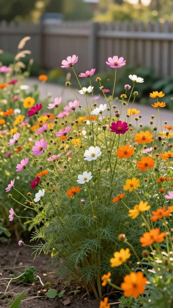 A realistic, high-resolution photo of a sunlit cottage garden border filled with tall, airy cosmos in full bloom, showcasing both Cosmos bipinnatus (soft pinks, pure whites, deep magentas) and Cosmos sulphureus (fiery oranges and golden yellows). The plants have delicate, feathery foliage and long, slender stems swaying gently in a light breeze, with a few blooms at different stages (buds, half-open, fully open) for authenticity. Composition places the tallest stems mid-to-back with a shallow depth of field, softly blurring a rustic picket fence and distant garden path. Warm late-afternoon golden hour lighting creates gentle rim light on petals and subtle shadows on the foliage. A few pollinators (a honeybee and a small butterfly) hover naturally among the flowers. Soil appears light and slightly dry to hint at their poor-soil tolerance. Hyper-real textures on petals and foliage, natural color grading, no text, DSLR-quality, 85mm lens, f/2.8, ISO 200.