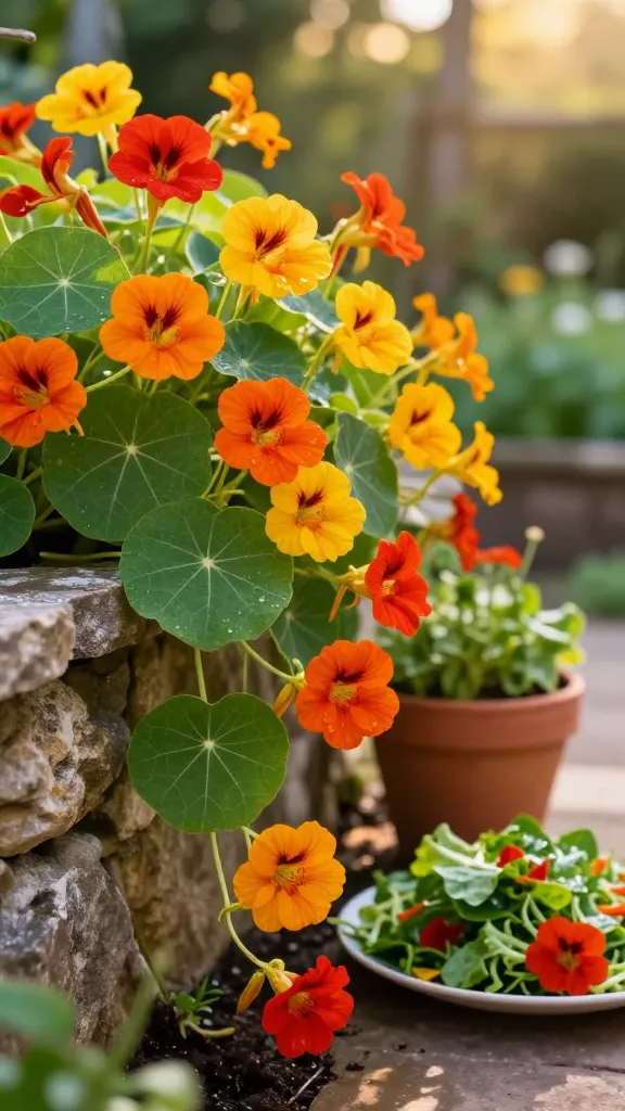 Close-up, sunlit garden scene showcasing vibrant nasturtiums as the hero subject: lush, round “lily-pad” leaves with visible veining and dewdrops, and abundant bright blooms in fiery oranges, sunny yellows, and rich reds. Include both trailing vines spilling elegantly over a rustic stone wall and a small mounded clump in a nearby raised bed to show their growth habits. A terracotta pot sits to one side with vines cascading, while a simple plate of fresh salad greens with a few nasturtium leaves and flowers hints at edibility (no text). Subtle background of a cottage garden with soft bokeh, golden-hour light, and natural shadows. Hyper-realistic, high-resolution macro detail on petals and leaves; shallow depth of field; natural color grading; photographed at eye level.