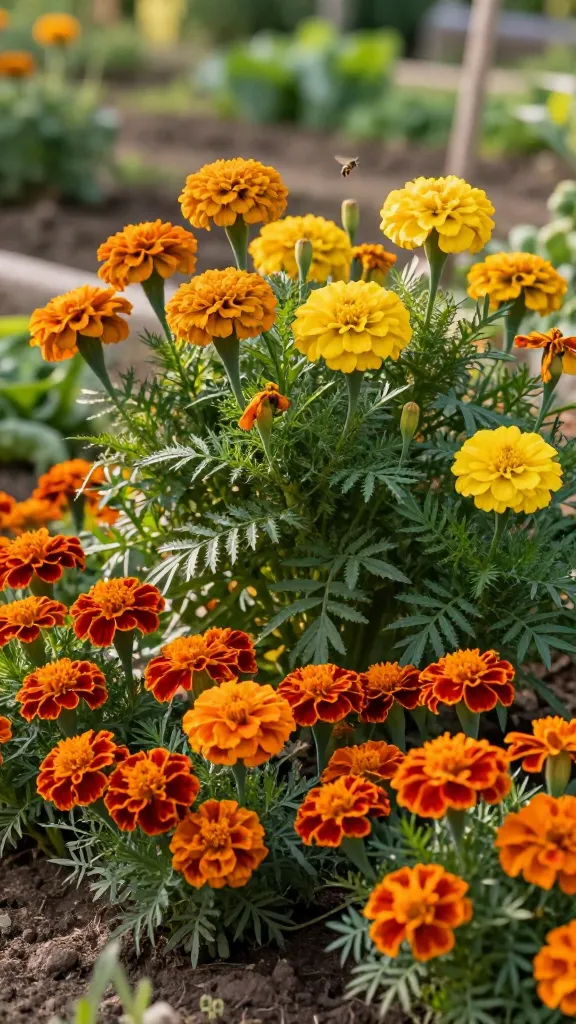 Close-up, high-resolution photo of vibrant marigolds thriving in a sunny garden bed: a mix of compact French marigolds with bushy mounds of orange and red bicolor blooms edging the front, and taller African marigolds (Tagetes erecta) behind with large, round pom-pom flowers in deep gold and lemon yellow. Include healthy, ferny green foliage, a few spent blooms being deadheaded by a subtle hand in the background, and soft bokeh showing a vegetable patch and a few visiting pollinators (a honeybee and a hoverfly). Golden afternoon light, shallow depth of field, realistic textures, true-to-life colors, slight soil detail at the base, DSLR-quality realism.