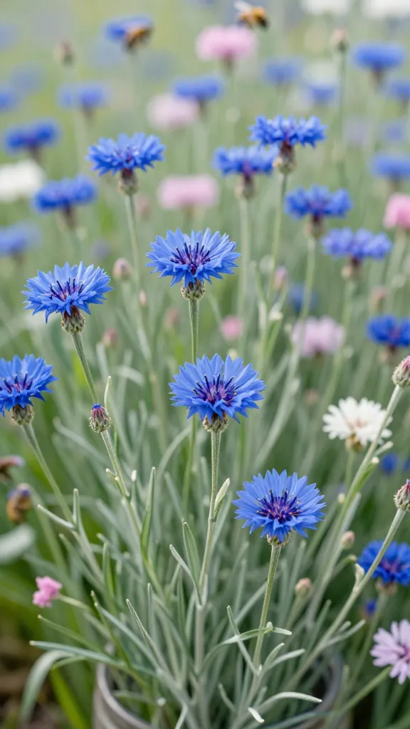 A realistic, high-resolution photo of a vibrant patch of bachelor’s buttons (cornflowers) in peak bloom, emphasizing their rare true-blue petals with delicate, fringed edges and button-like centers. Scene set in a sunlit early spring meadow with soft, cool morning light and a shallow depth of field; foreground features several tall, slender, slightly silvery-green stems with narrow leaves, some freshly cut stems in a simple jar or hand just out of frame hinting at frequent cutting. Include a few unopened buds and pastel variations (soft pink and white) scattered among predominantly blue blooms. Background shows a lightly blurred, bee-friendly patch with visible honeybees landing on blossoms, and a naturalistic, slightly breezy feel that suggests sturdy, thinned plants. Color palette is crisp and natural; no text or labels; ultra-detailed macro textures on petals and pollen; shot at eye level for an immersive, meadowy vibe; 50mm lens look, realistic photography.