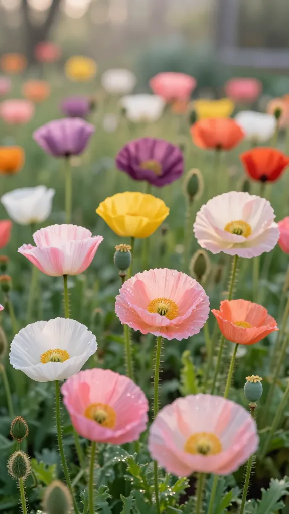 Close-up, high-resolution natural-light photo of a lush patch of poppies in a cottage-style garden at early morning golden hour. Foreground features a mix of three types: delicate Shirley poppies with tissue-thin petals in soft pinks and whites, Iceland poppies in cool pastel shades (butter yellow, apricot, pale coral) with prominent golden centers, and a few stately breadseed poppies with larger blooms in rich mauve and crimson. Include several distinctive breadseed poppy seed pods—rounded, glaucous green with sculpted crowns—catching dewdrops. Background shows a softly blurred bed of young, self-sown poppy rosettes and emerging buds on slender, slightly hairy stems, with a cool-climate feel (crisp air, faint mist, muted greens). Lighting emphasizes the silky, semi-translucent “paper” texture of the petals and fine hairs on stems. Composition is low-angle, eye-level with the blooms, shallow depth of field for bokeh, hyper-real detail, no people, no labels, ultra-realistic color, 50mm lens look.