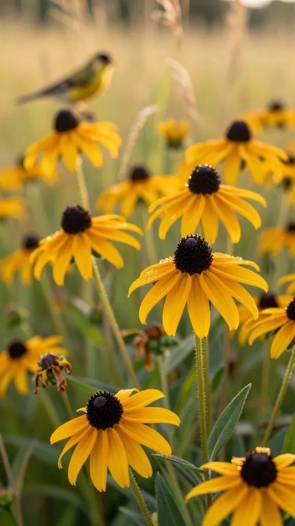 Close-up, realistic high-resolution photo of a sunlit drift of Black-Eyed Susans (Rudbeckia hirta) in peak bloom, showcasing golden-yellow daisy-like petals with bold dark chocolate cone centers. Compose at slight eye level with a shallow depth of field: a few crisp foreground blooms with dewdrops and velvety centers in razor focus, background softly blurred into a warm meadow of additional rudbeckias and native grasses. Late-summer golden hour lighting creates gentle rim light on petals and rich, saturated color; hints of seed heads forming on a few stems suggest long bloom duration. Include sturdy, slightly rough green stems and coarse, lanceolate leaves, with a couple of spent blooms for realism. A small goldfinch perched in the bokeh background or in flight near a seed head, subtly nodding to wildlife value. Natural outdoor setting, no human elements, true-to-life color, ultra-detailed macro textures, 50mm-equivalent perspective, f/2.8, ISO 200, soft breeze implied by slight motion blur in the distant grasses.