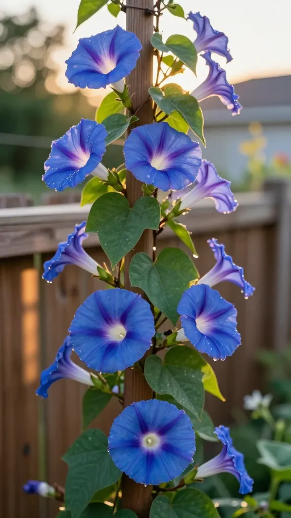 Close-up, realistic high-resolution photo of vibrant blue-purple morning glory vines (Ipomoea purpurea) climbing a simple wooden trellis against a sunlit backyard fence at dawn; trumpet-shaped blooms freshly opened with delicate white throats and subtle dewdrops, heart-shaped green leaves layered densely as the vines twine upward; soft golden morning light illuminating petals from behind, creating gentle translucence and casting faint shadows on the fence; shallow depth of field with the foremost flowers in sharp focus and trailing vines receding into a softly blurred garden background; a few unopened buds and thin garden twine visible to suggest rapid growth; natural colors, no text, realistic botanical detail, crisp, high-quality photography style.