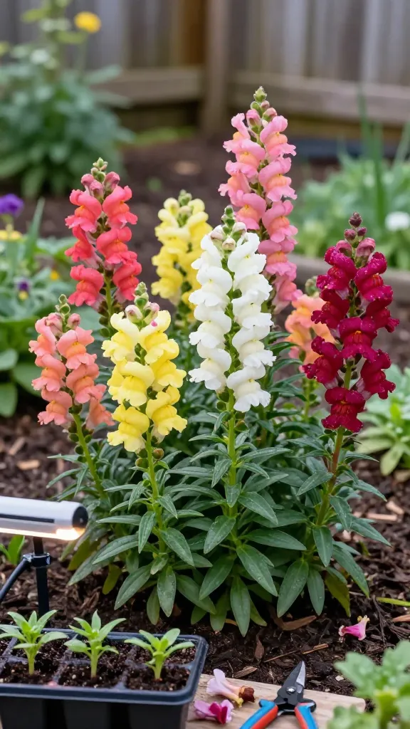A realistic, high-resolution photo of vibrant snapdragon flowers (Antirrhinum majus) in full bloom in a cool spring garden border, showcasing a mix of pastel and saturated colors—soft pinks, buttery yellows, coral, white, and deep magenta—on tall, upright spires with distinctive “dragon face” blossoms. Early morning light with gentle, diffuse sun, slight dew on petals and leaves. Background shows a softly blurred cool-weather garden with rich, dark mulch, young green foliage, and a hint of a rustic wooden fence. In the foreground, a small seed-starting tray with healthy snapdragon seedlings under a simple clamp-on grow light is placed on a potting bench, along with pruning snips and a few spent flower spikes to imply deadheading. One mature plant shows a cleanly pinched main stem to suggest bushier growth. The overall mood is fresh, organized, and beginner-friendly, emphasizing cold tolerance and continuous bloom. Ultra-detailed botanical textures, natural colors, shallow depth of field, 50mm lens look.