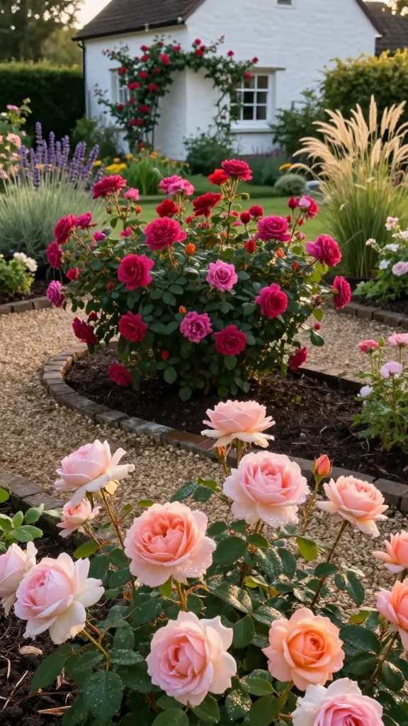 Golden-hour, realistic high-resolution photo of an inviting cottage garden centered on old-fashioned roses in full bloom. Foreground: a profusion of David Austin English roses with large, cupped, many-petaled blossoms in soft blush pink and apricot tones, dewy petals catching warm light. Midground: a dense hedge of rugosa roses with deep magenta single and semi-double flowers, crinkled dark green foliage, and a few developing orange-red hips hinting at fall interest. Intermixed: shrub/landscape roses like ‘Knock Out’ providing continuous pops of cherry red and cheerful pink blooms. Setting: a meandering pea-gravel path edged with weathered brick, rich well-amended soil mulched neatly, and ample spacing between shrubs for airflow. Background: a whitewashed cottage with climbing roses trained along a trellis, soft-focus perennials (lavender, catmint) and airy ornamental grasses swaying lightly. Lighting: soft, warm, late-afternoon sun with gentle shadows. Atmosphere: calm after a light summer shower, subtle water droplets on leaves, realistic textures and colors, shallow depth of field emphasizing the roses as the star. No text.