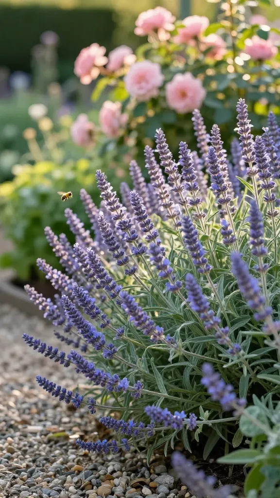 Golden-hour close-up of a lush cottage garden border showcasing billowy catmint (Nepeta) as the main subject, forming soft lavender-blue clouds of small tubular blooms on airy, arching stems. The catmint mounds spill gently along a gravel path, weaving between soft green foliage and the edging of pale pink antique roses in the background for a classic storybook pairing. Bees hover and land on the flowers, captured mid-flight for natural movement. The scene is drenched in warm, low-angle sunlight with gentle bokeh, emphasizing texture of silvery, aromatic leaves and the profusion of blooms. Realistic, high-resolution garden photography, shallow depth of field, natural color grading, no people, no text.