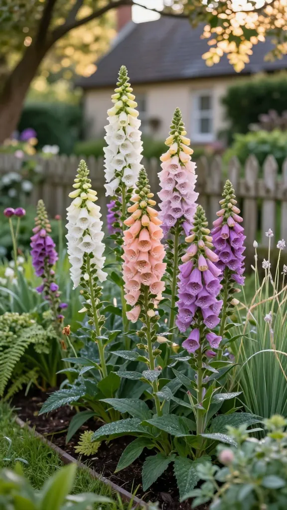 A realistic, high-resolution photo of a romantic cottage garden scene centered on tall foxgloves (Digitalis) in full bloom, their vertical spires covered in speckled, bell-shaped flowers. Include a harmonious mix of white, blush pink, apricot, and mauve foxgloves, with some first-year rosettes visible near the soil and mature second-year spires towering above. Place them in dappled morning light with gentle afternoon shade suggested by overhanging tree branches. Compose the plants along a curving garden border with a weathered picket fence and a soft-focus cottage façade in the background. Add companion textures like fern fronds, soft grasses, and pale green foliage to fill vertical gaps. Include a few spent seed heads left to ripen for natural self-sowing. Moist, rich soil with mulch, dewy leaves, and a subtle bokeh to emphasize the dreamy, fairytale mood. Natural color palette, shallow depth of field, macro detail on speckled throats of the bells, golden-hour glow, photorealistic 50mm lens look. No text.