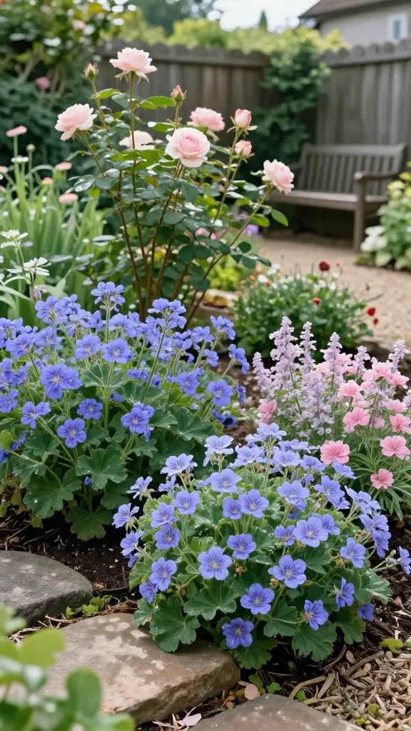A realistic, high-resolution garden photo showcasing a soft, romantic cottage-style yard with billowing hardy geraniums (cranesbills) as the star groundcover. Foreground: lush mounds of hardy geraniums weaving between stepping stones, featuring three distinct varieties—‘Rozanne’ with masses of violet-blue, five-petaled blooms; ‘Johnson’s Blue’ in classic cool blue with a soft, airy habit; and ‘Biokovo’ displaying pale pink flowers and delicate, lightly fragrant foliage—intermixed to create a tapestry effect. Midground: a loose, natural border with old-fashioned shrub roses above the geraniums, their canes rising from mulched soil, suggesting the geraniums thriving as underplanting. Dappled sunlight indicates sun to part shade, with gentle late-spring/early-summer light and a slightly overcast sky for even, soft illumination. Subtle signs of recent shearing on a few clumps hint at a fresh flush of foliage. Background: a rustic cottage fence and weathered garden bench partially obscured by greenery, with a gravel path curving through. Color palette is cool and romantic—blues, pinks, and fresh greens—flowers sharply in focus with creamy bokeh beyond. Shot at low angle, 50mm lens equivalent, natural textures, dewy leaves, no text.