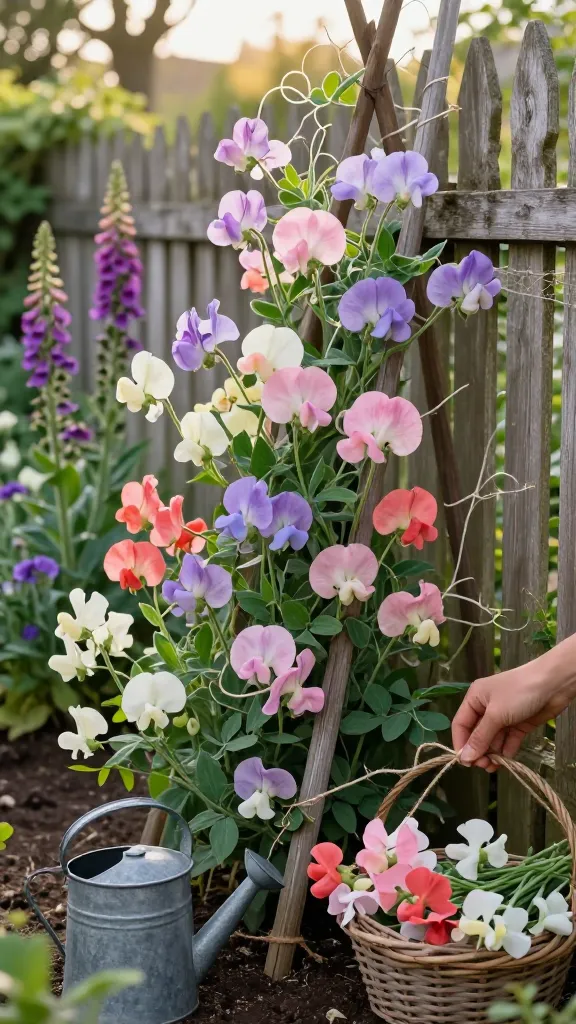 A romantic cottage garden scene at golden hour featuring fragrant sweet pea vines as the main subject, climbing a rustic wooden teepee trellis beside a weathered picket fence. The sweet peas dominate the frame with abundant, realistic blooms in soft pastels—lavender, blush pink, creamy white, and coral—showing both heirloom types with intense fragrance and Spencer types with large, ruffled petals. Delicate tendrils curl around twine netting, and fresh green foliage contrasts with rich, well-drained dark soil below. A gardener’s hand (partial, natural skin tone) gently ties in a stem with soft twine, while a vintage galvanized watering can and woven trug with freshly cut sweet pea stems sit nearby. The background shows a softly blurred cottage border with foxgloves and catmint, dappled sunlight, and a hint of an old stone path. Realistic textures, shallow depth of field, natural light, high-resolution, no text, true-to-life colors, cinematic yet authentic garden photography.